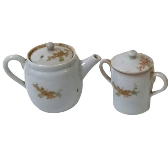 Antique Japanese Mini Teapot & Lidded 2-Handled Pot Goat Cart & Flowers Decor - Picture 3 of 13